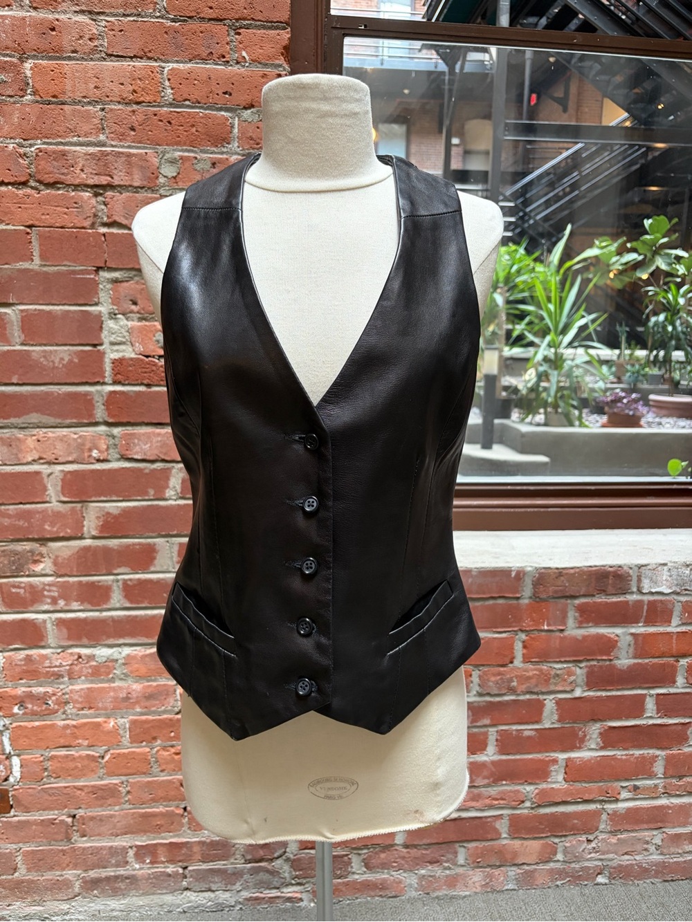 Women's Black Leather Button-Front Vest, vintage size S